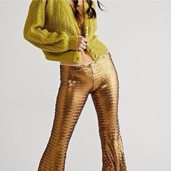 Free People Pants - Free People Shimmering Gold Flare Pants